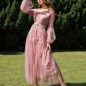 Modely Floral Embroidered Lantern Sleeve Ruffle Hem Maxi SHEIN Dress, medium